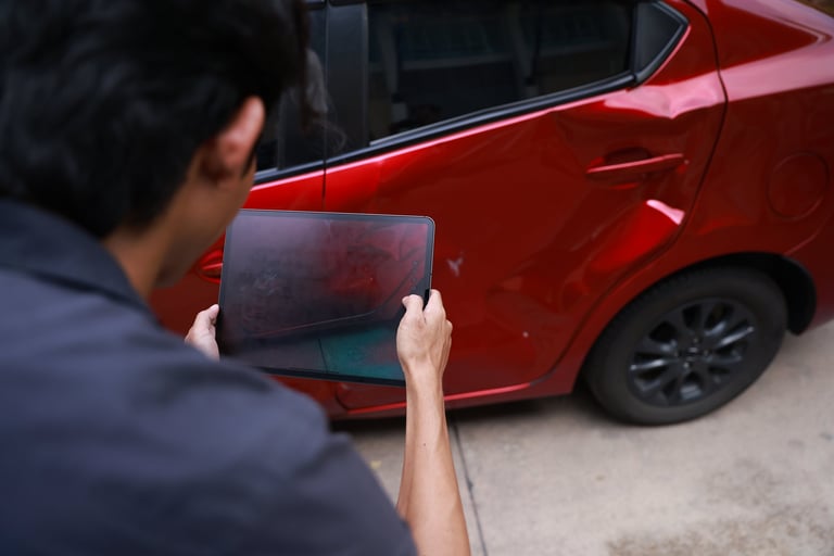 Driver taking photos of car accident damage